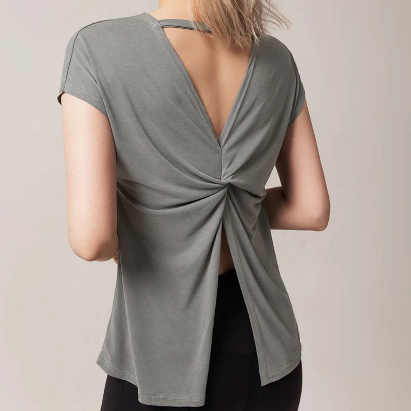 Women's Split Side Yoga Top Sexy Open Back Fitness T-shirt Loose Fit Workout Tee Running Sports Cover Gym Wear Woman Clothing