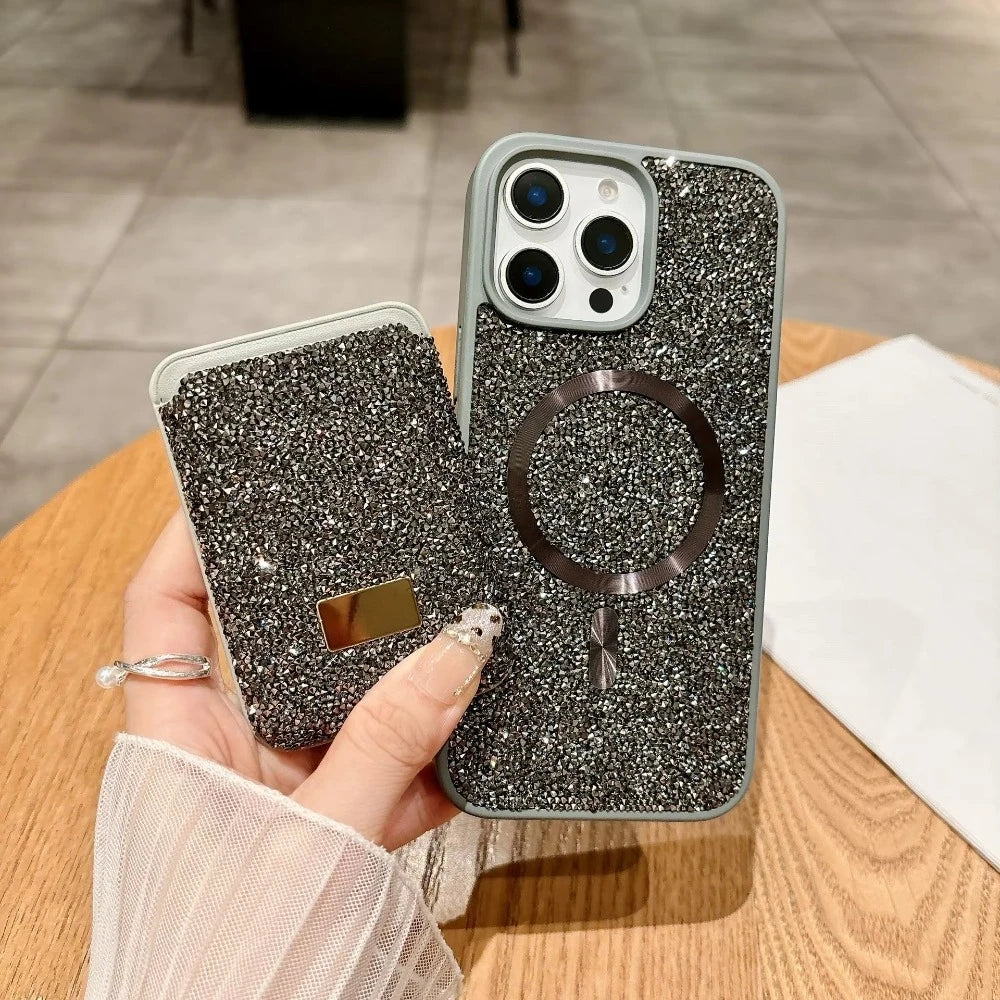 Luxury Glitter Flash Diamond Case With Magnetic Card Bag For iPhone 17 Air 16 15 14 Plus 13 12 Pro Max Anti-drop Protector Shell