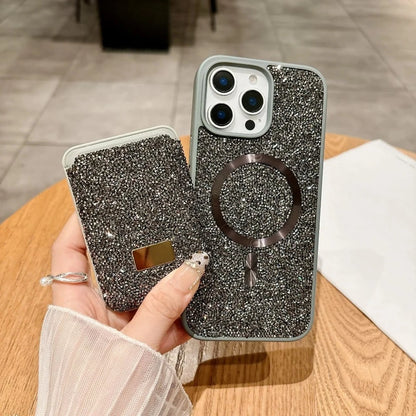 Luxury Glitter Flash Diamond Case With Magnetic Card Bag For iPhone 17 Air 16 15 14 Plus 13 12 Pro Max Anti-drop Protector Shell