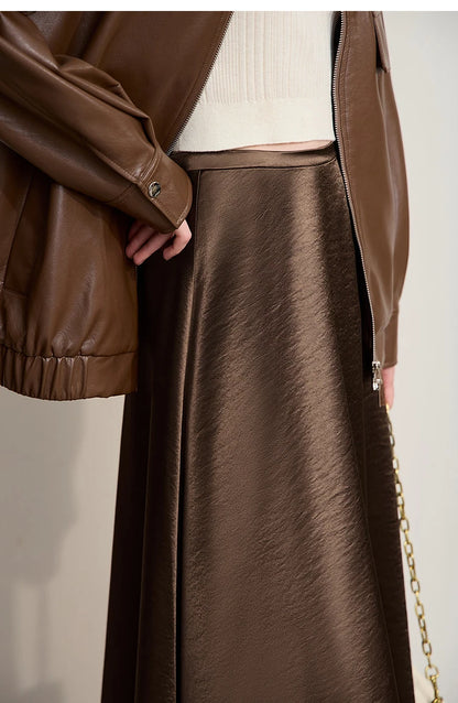 Women's Skirt Loose Long A-skirt Satin Skirts For Women 2025 Autumn New Minimalist Solid Color Clothing Ladies 12513015