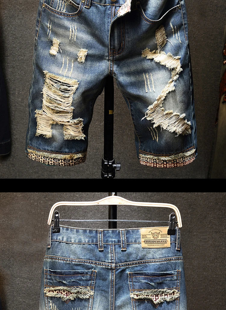 Streetwear Men's Ripped Denim Shorts Straight Slim Fashion Hip Hop Short Pants Big Hole Vintage Knee Length Jeans