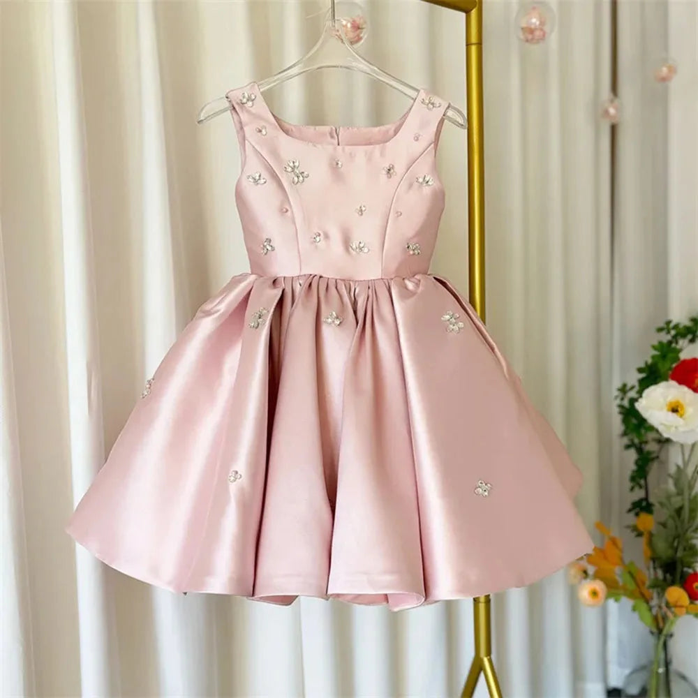 Kids Princess Satin Crystals Pearls Flower Girl Dress Children First Communion Dress Ball Gown Wedding Party Dress Birthday Show