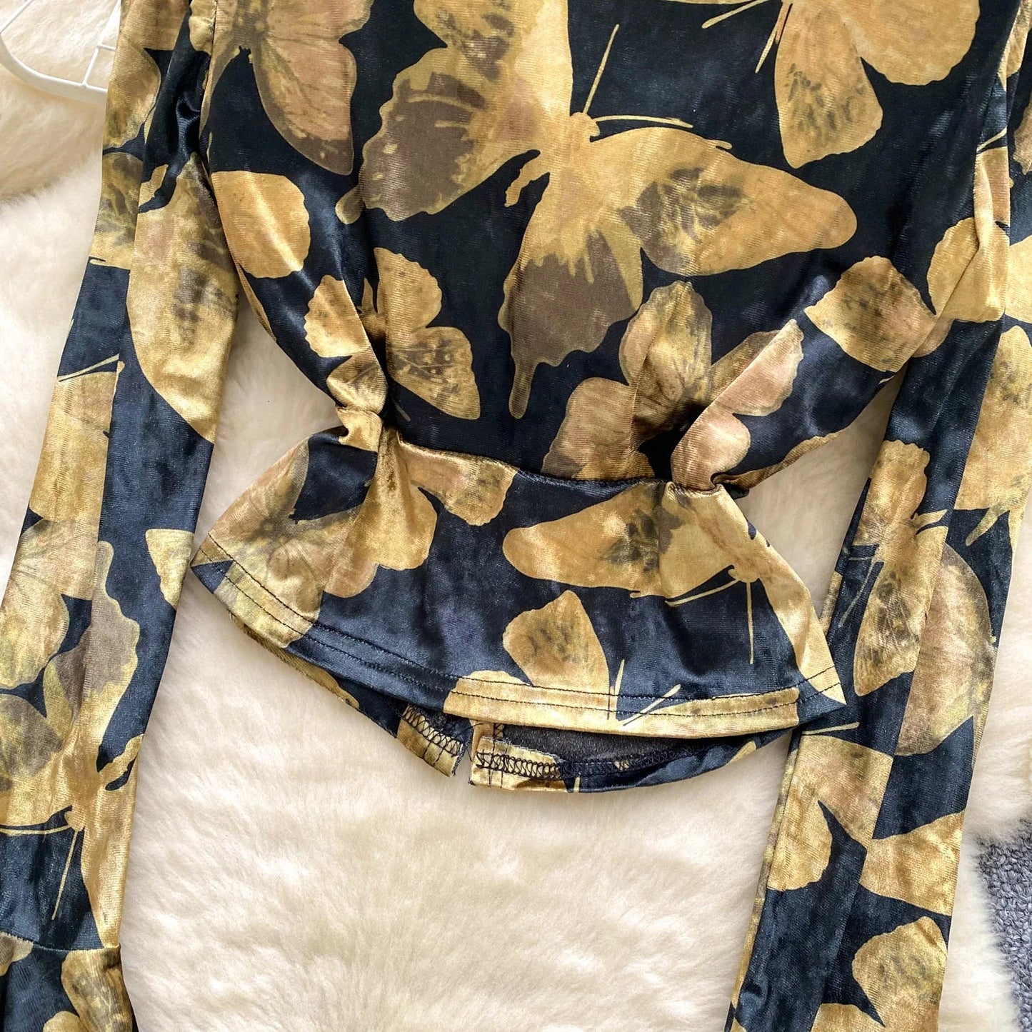 Fashion Butterfly Print Velvet Tops V Neck Flared Sleeve Short Sexy T-Shirt Autumn Senior Elegant Evening Women Blouse
