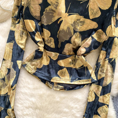 Fashion Butterfly Print Velvet Tops V Neck Flared Sleeve Short Sexy T-Shirt Autumn Senior Elegant Evening Women Blouse