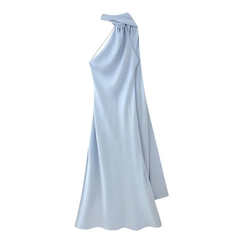 Elegant Long Silk Satin Dress Neck Hanging Pure Color Slim Fit Summer New Fashion Women's Dress City Commuting Casual Wedding