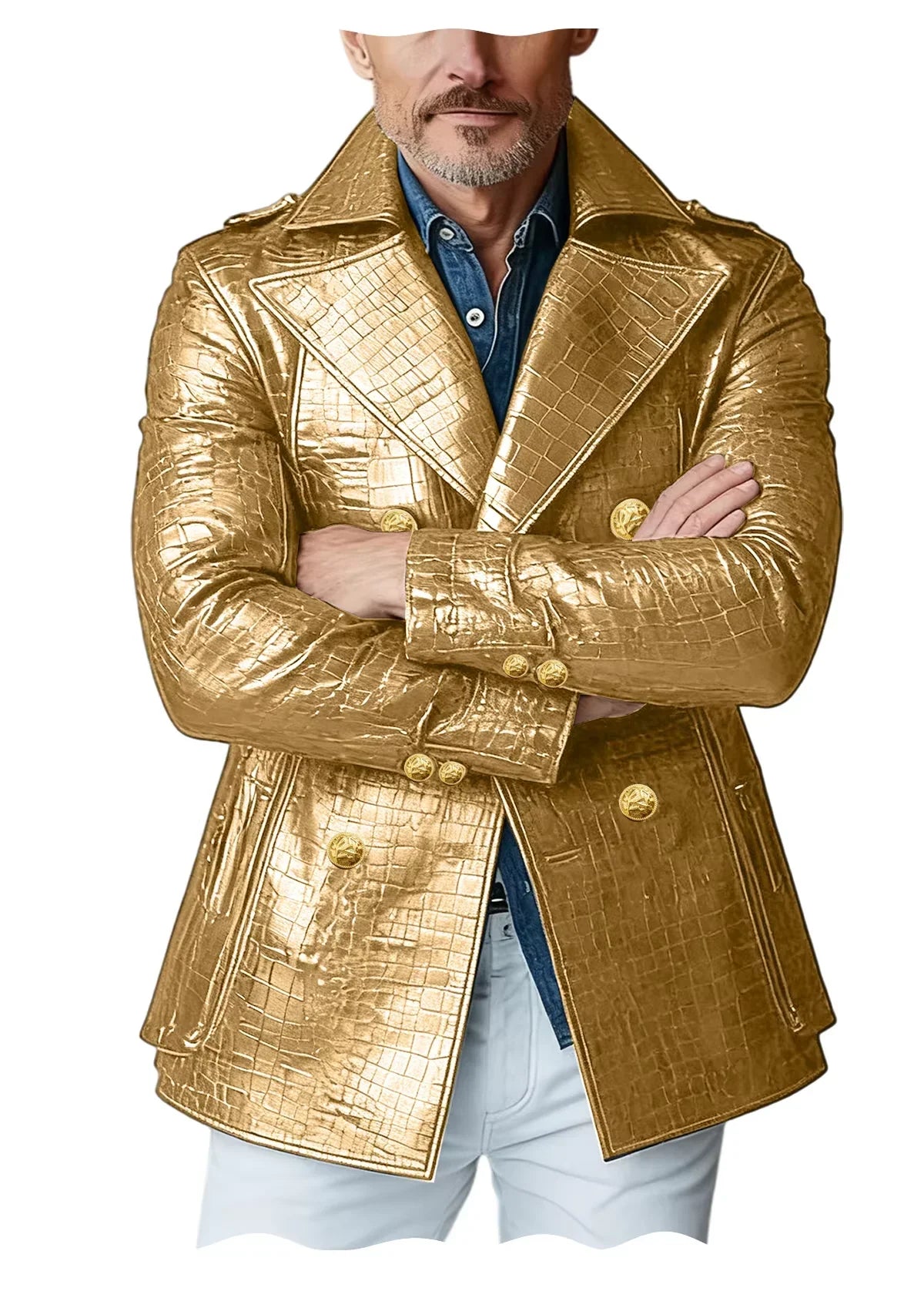 Men's Crocodile Embossed Leather Peacoat Double Breasted Gold Button Jacket Luxury Casual Overcoat