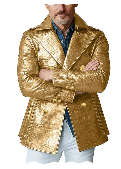 Men's Crocodile Embossed Leather Peacoat Double Breasted Gold Button Jacket Luxury Casual Overcoat