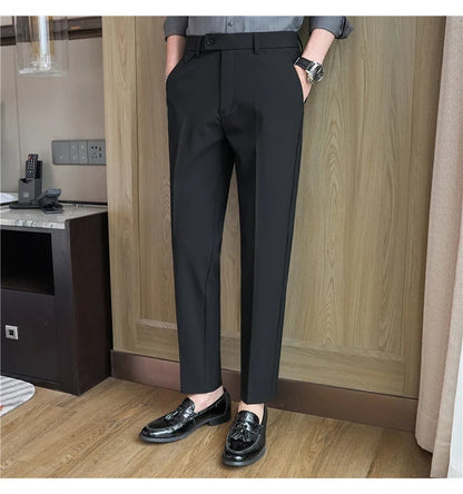 Men's High-Grade Trousers, Stretch Waist, Casual Trousers Slim Fit Navy Blue, Business All-Match，Male Pants