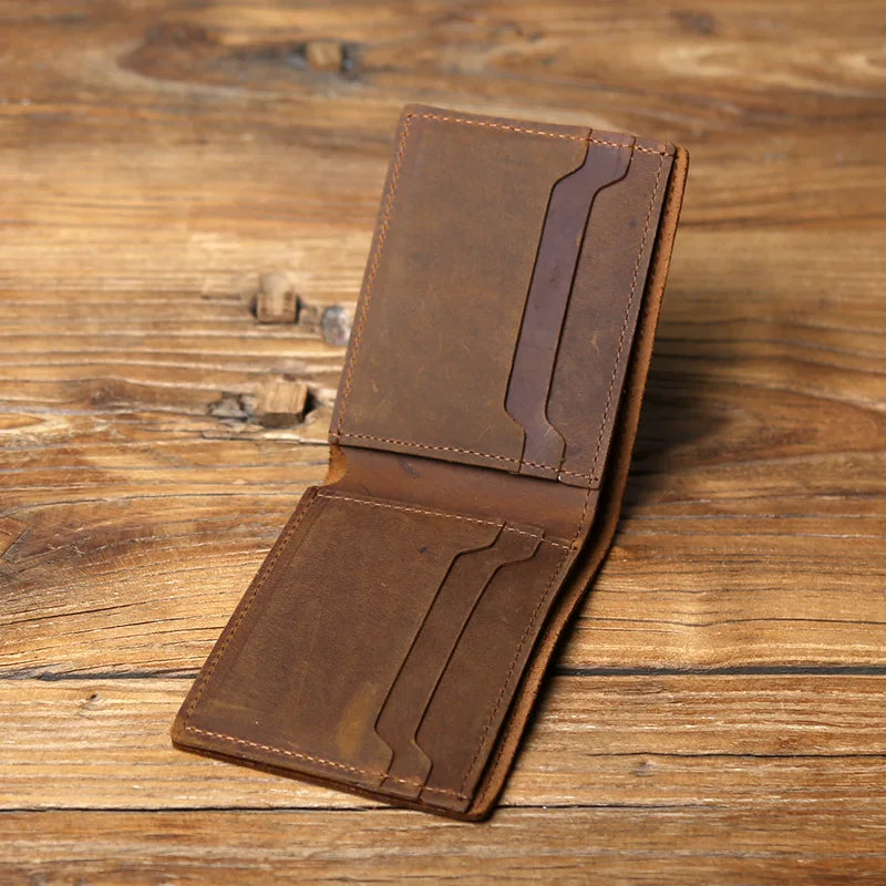 Retro Men's Genuine Leather Wallet Top Layer Cowhide Short Wallet with Crazy Horse Leather Zero Wallet Card  ID Bag