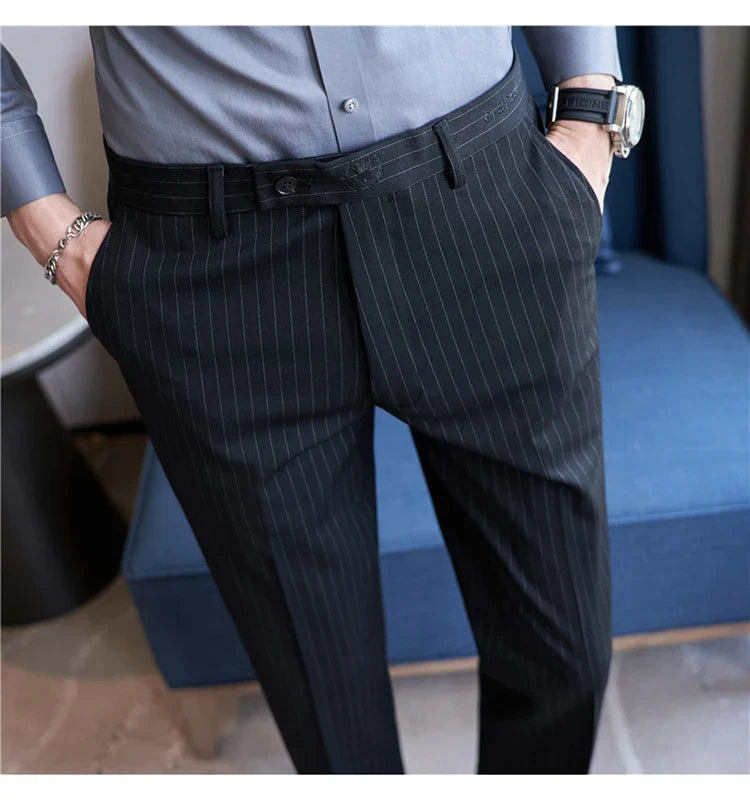 New Korean Style Fashion Striped Embroidery Suit Pants Men's Business Slim Casual Straight Pants Formal Wedding Party Trousers