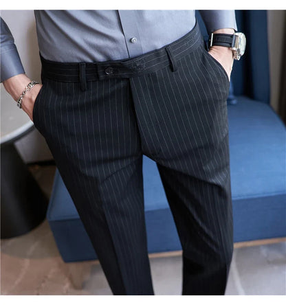 New Korean Style Fashion Striped Embroidery Suit Pants Men's Business Slim Casual Straight Pants Formal Wedding Party Trousers