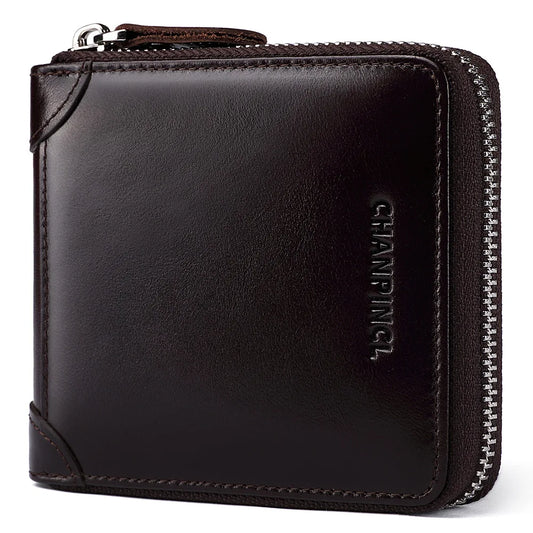 Portefeuille court en cuir de vachette véritable pour hommes avec fermeture éclair – Blocage RFID et boîte cadeau