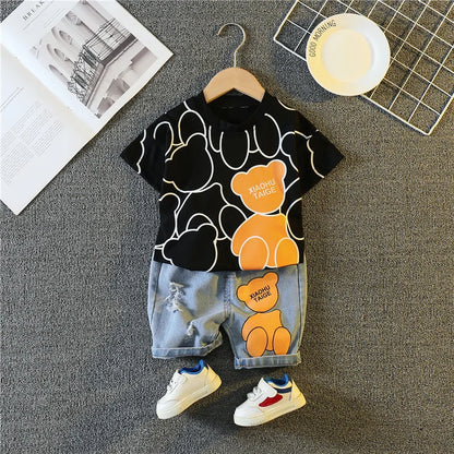 Summer Baby Boys Carttoon T-Shirt And Denim Shorts Set Toddler Infant Casual Clothing Outfit Kids Children's Clothing Suit