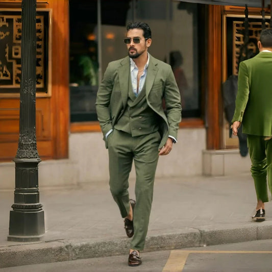 Sage Green Linen Men Suits 3 Pieces Prom Wedding Tuxedo Summer Slim Fit Groom Blazer Trousers Vest Set Formal Men Suit Set