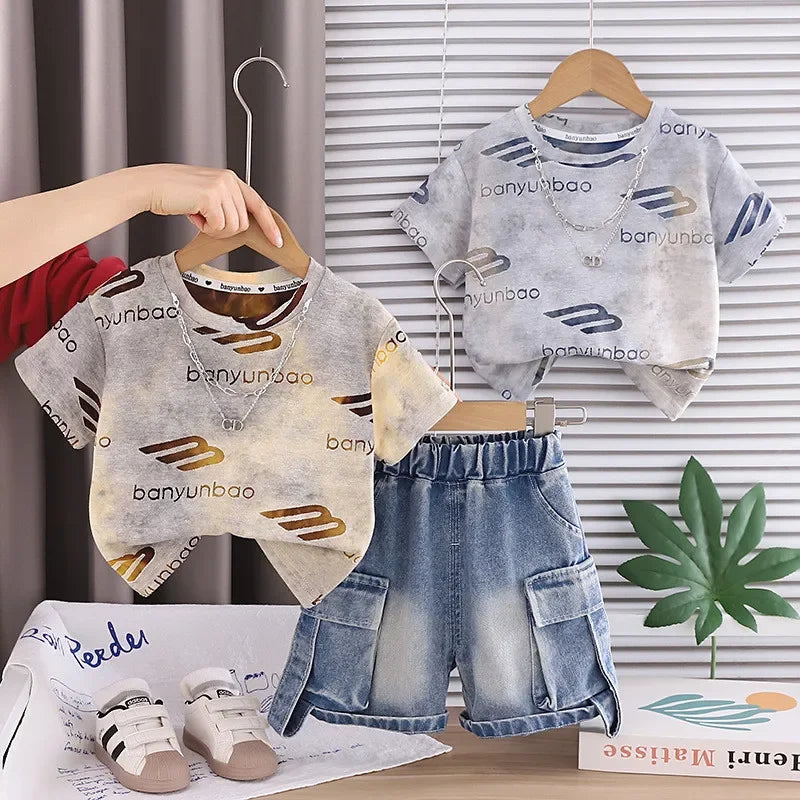 New Baby Boys Girls Summer Clothes Sets Kids Infant Letter T shirt + Denim Shorts 2pcs/sets Children Clothing Tracksuits Set