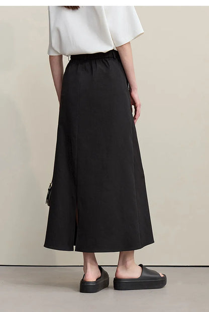 Women's Skirt 2026 Summer New Leisure Elastic Waist Slit A-Line Midi Skirt Women's Loose Embroidered Woman Clothes 12621058