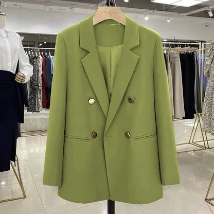 Blazer Woman Autumn Spring Long Sleeve Double Breatsed Lapel Loose Coat Slim Casual Jackets Office Ladies Vintage Blazers
