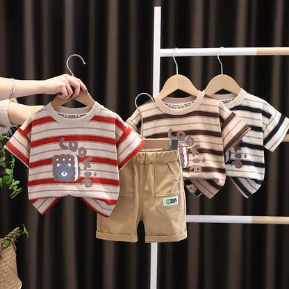 New Summer Baby Clothes Suit Children Boys Striped Beart T Shirt Shorts 2Pcs/Sets Toddler Casual Sports Costume Kids Tracksuits