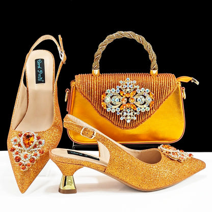 Italian Design Peach Color Pointed Toe Shoe & Bag Set Rhinestone Luxury  Women's High Heels for Parties By QSGFC
