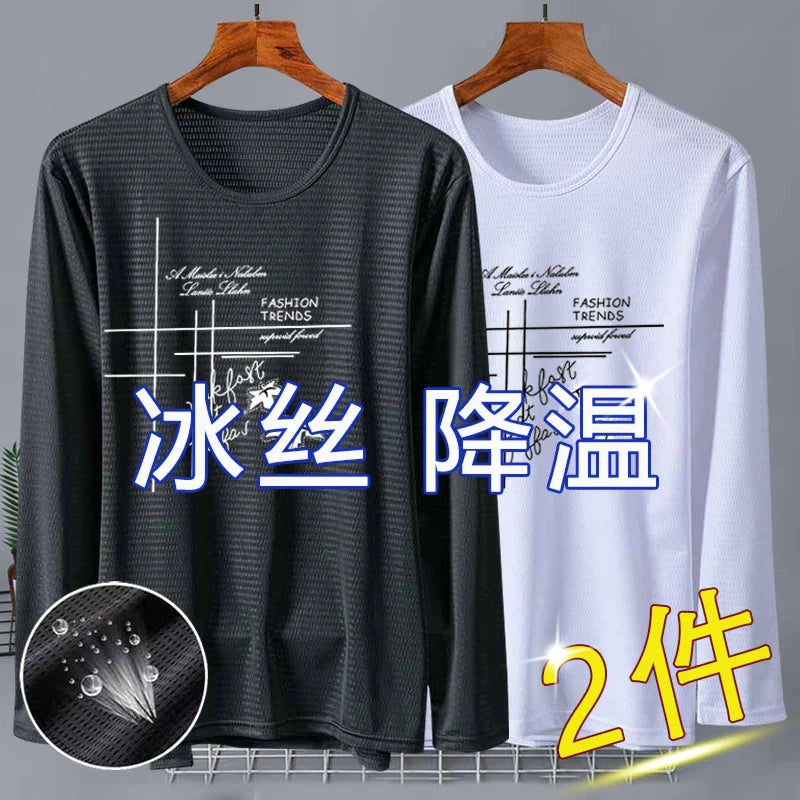 New 2025 Men's Ice Silk Breathable Sun Protection Hollow out Thin Long Sleeve Casual Sports T-Shirt Large Size Loose Fit