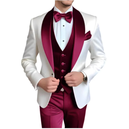 Customized Men's 3 Piece Tuxedo With Scarf Lapel Smoking Suit Wedding Groomsmen Formal Party Blazer Terno Masculino