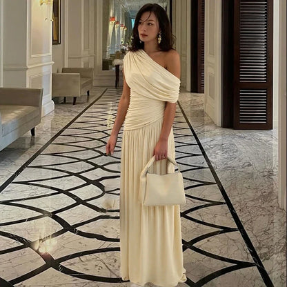 One Shoulder Ruched Sleeveless Solid Pleated Sexy Irregular Y2K Maxi Dress Summer Elegant Party Women Clothes Vacation