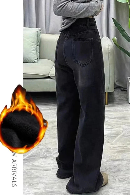 Womens Jeans Y2k Jeans Flared Trousers Black Gray Straight Leg Winter Warm Fleece Lined Loose Fit High Waist Wide Leg Fashion