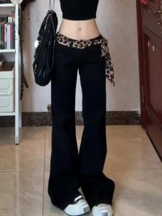 Women  Dark Academia Korean Slim Harajuku Y2K Low Rise Denim Flare Pants 2000s Kpop Bell-Bottom Long Trousers Abi Black Jean