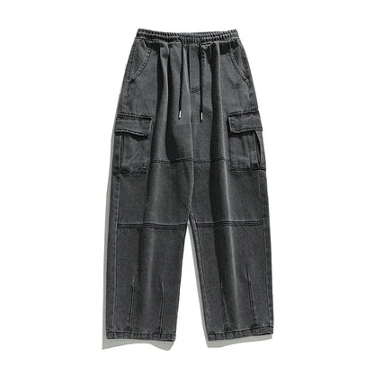 Korean men clothing Japanese style three-dimensional pocket jeans spring new retro vintage washed water workwear men's pants