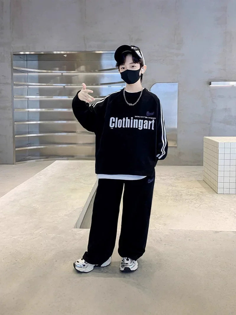 Spring Autumn Boys Loose Alphabet Pullover Sweatshirt+Sweatpant Work Set School Kid 2PCS Tracksuit Children Jogger Outfit 5-16Yr