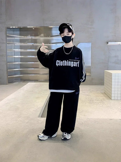 Spring Autumn Boys Loose Alphabet Pullover Sweatshirt+Sweatpant Work Set School Kid 2PCS Tracksuit Children Jogger Outfit 5-16Yr