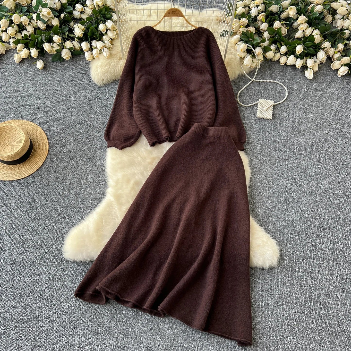 Autumn Casual Two Pieces Sets Women O-Neck Loose Knitting Top+Elastic Waist Large Swing Skirt Basic Korean Winter Sets