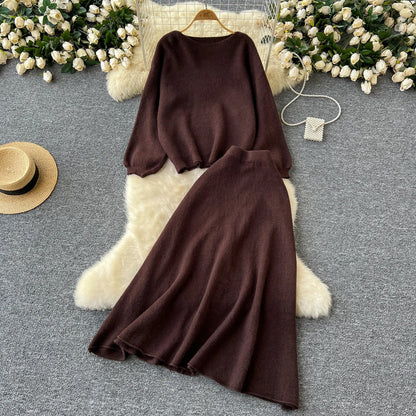 Autumn Casual Two Pieces Sets Women O-Neck Loose Knitting Top+Elastic Waist Large Swing Skirt Basic Korean Winter Sets