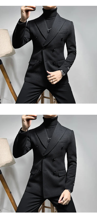 2025 Spring New Men's Waffle Double Breasted Suit Jacket High Quality Business Slim Fit Blazers Groom Social Party Dress Coats