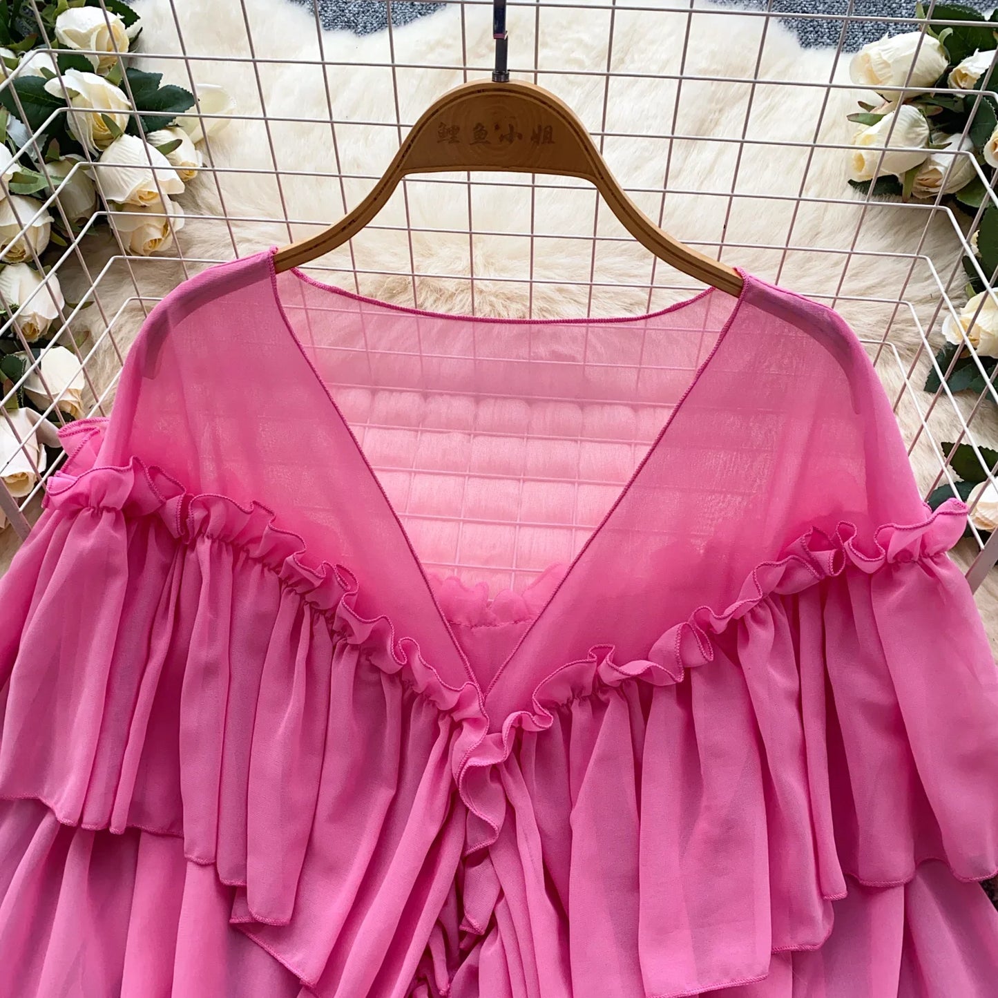 Chic Ruffles Splice Chiffon Blouse V Neck Flared Sleeve Loose Tops 2025 Fashion Solid Fairycore Vacation Women Shirt