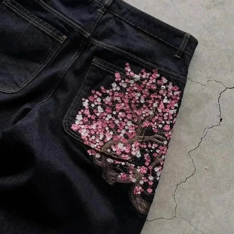 Y2K Harajuku Jeans Vintage Cherry Blossom Selvedge Denim Pants Hip Hop Gothic men women denim fabric wide leg pants streetwear