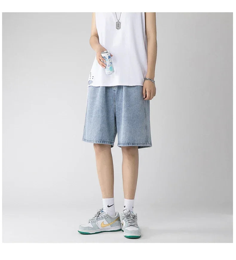 Wide Baggy Denim Shorts Men Summer Thin Solid Color Casual Loose Knee-length Pants Male Jeans Shorts Streetwear
