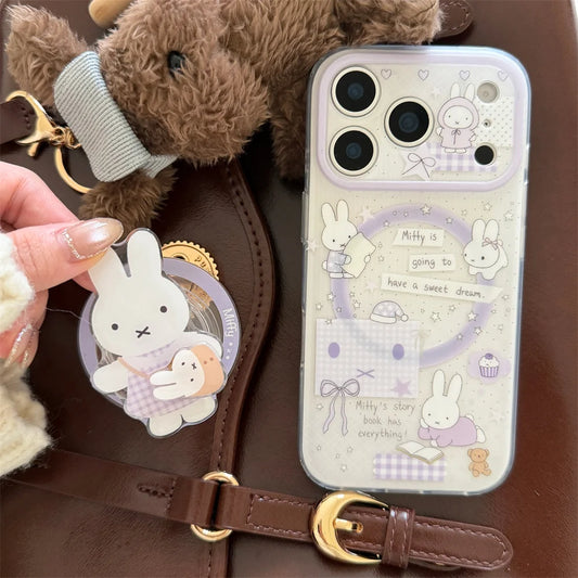 Korean INS Star Bow Rabbit With Magsafe Stand Phone Case for iPhone 17 Pro 13 14 15 16 Pro Max Cover Rotate Holder Cute Cases