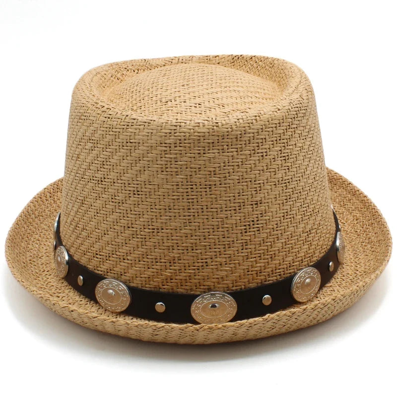 Men Women Straw Pork Pie Hats Summer Sunhat Boater Caps Sailor Sombrero Beach Fedora Trilby Outdoor Travel US Size 7 1/4 UK L