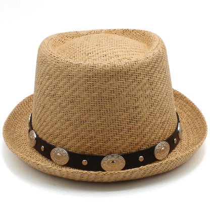 Men Women Straw Pork Pie Hats Summer Sunhat Boater Caps Sailor Sombrero Beach Fedora Trilby Outdoor Travel US Size 7 1/4 UK L