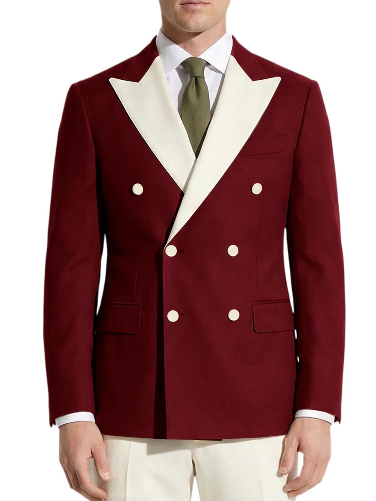 Classic Men's Tuxedo Jacket White Peak Lapel Patched Double Breasted Slim Fit Blazer for Business Formal Wedding Groom Prom Coat