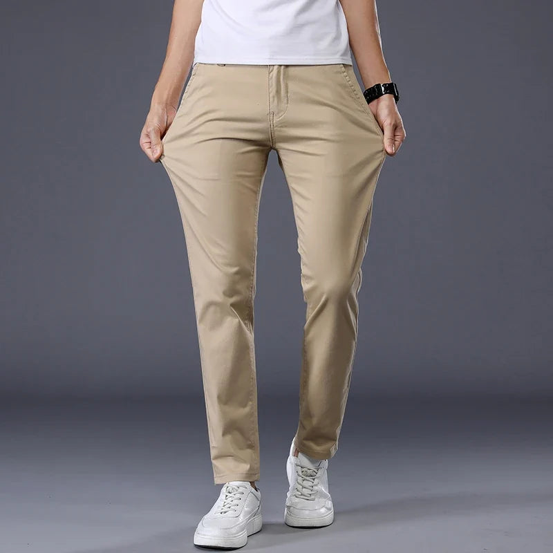 Summer Thin Men's Casual Pants Cotton 7 Colors Classic Style Elastic Straight Slim Fit Business Fashion Long Trousers Male