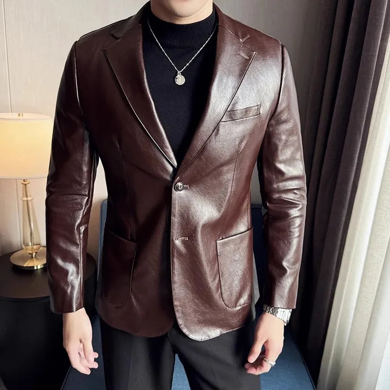 Leather Jacket Men PU Blazer Coats Fashion Business Casual Leather Suit Outwear Male Solid Slim Tur Down Collar Blazers Jackets
