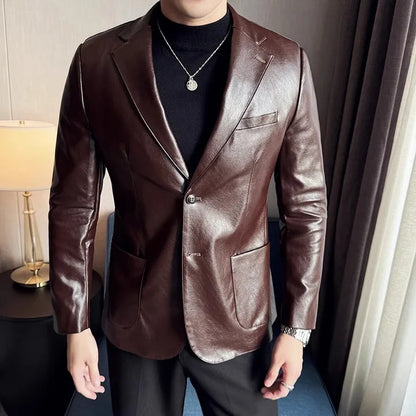 Leather Jacket Men PU Blazer Coats Fashion Business Casual Leather Suit Outwear Male Solid Slim Tur Down Collar Blazers Jackets