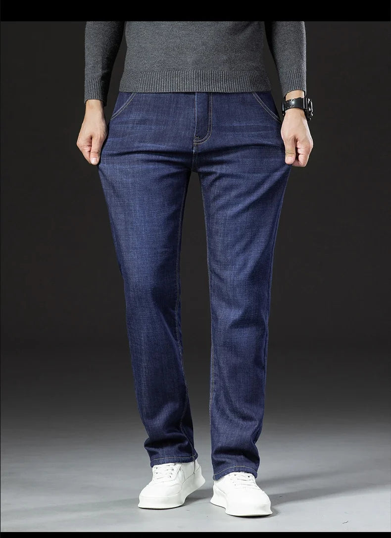 Winter Lamb Fluff Denim Straight Pants Men Thicken Big Size 40 Jeans High Waist Stretch Jeansy Fleece Lined Warm Slim Vaqueros