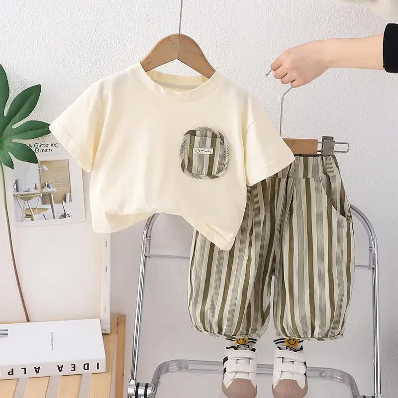 New Summer Baby Clothes Suit Children Boys Striped Pocket TShirt Capri Pants 2Pcs/Sets Toddler Casual Costume Kids Tracksuits