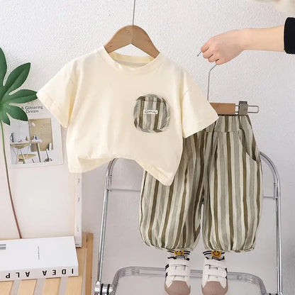 New Summer Baby Clothes Suit Children Boys Striped Pocket TShirt Capri Pants 2Pcs/Sets Toddler Casual Costume Kids Tracksuits