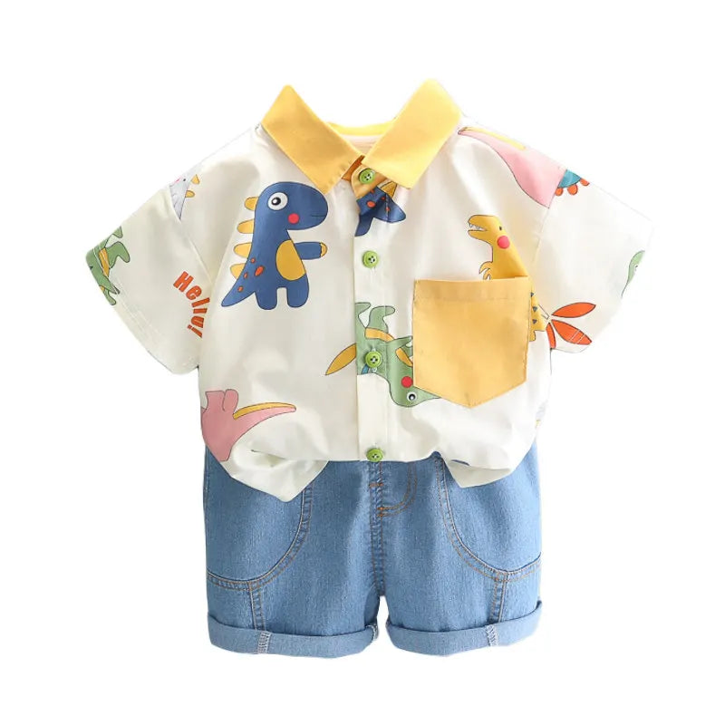Cotton Clothes Kids Boy Summer Children Print Dinosaur Shirts Denim Shorts 2Pcs/Set Kids Fashion Toddler Tracksuits 0-5 Years