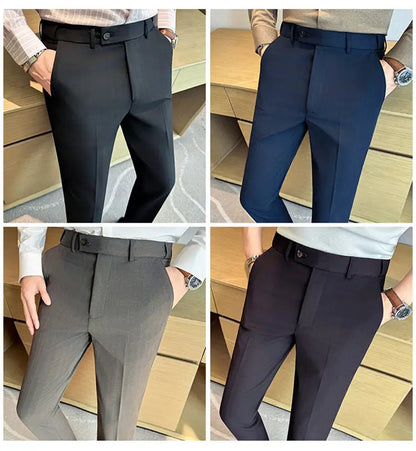 High Quality Pinstripe Slim Fit Suit Pant Men Stretchable Elastic Waist Slim Fit Business Social Wedding Party Casual Trousers