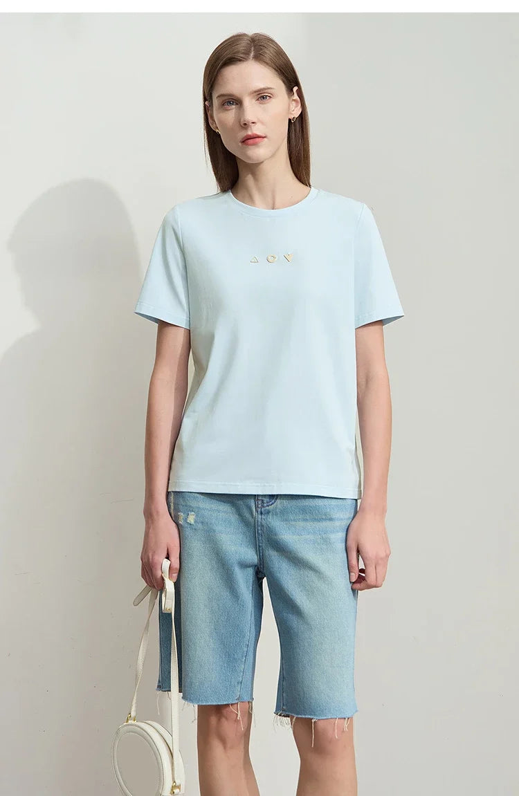 Minimalist T-shirt Women's Tops O-neck Short Sleeves Geometric Decoration Antibacterial Cotton Elastic Casual Tees 12521088